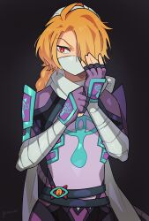 1girl alternate_color black_background blonde_hair bodysuit braid fingerless_gloves gloves hair_over_one_eye long_hair long_sleeves mask mouth_mask nintendo player_2 purple_bodysuit red_eyes reverse_trap sheik sheikah signature simple_background solo super_smash_bros. the_legend_of_zelda the_legend_of_zelda:_ocarina_of_time white_mask yasaikakiage