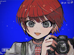 Rule 34 | 1girl, :d, bad id, bad pixiv id, blue background, blush, camera, collared shirt, commentary, commentary request, danganronpa (series), danganronpa 2: goodbye despair, freckles, green eyes, hands up, holding, holding camera, kara aren, koizumi mahiru, looking at viewer, necktie, open mouth, portrait, red hair, shirt, short hair, sky, smile, solo, symbol-only commentary, upper body