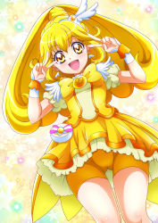 Rule 34 | 1girl, :d, bike shorts, blonde hair, cure peace, double v, earrings, floating hair, from below, hair between eyes, hanzou, heart, heart earrings, highres, jewelry, layered skirt, long hair, looking at viewer, miniskirt, open mouth, precure, short shorts, short sleeves, shorts, shorts under skirt, skirt, smile, smile precure!, solo, thigh gap, v, v over eye, very long hair, wrist cuffs, yellow eyes, yellow neckwear, yellow shorts, yellow skirt