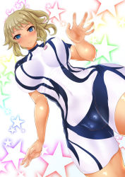Rule 34 | 10s, 1girl, bad id, bad pixiv id, blonde hair, blue eyes, bodysuit, breasts, cameltoe, gundam, gundam build fighters, gundam build fighters try, highres, hoshino fumina, large breasts, looking at viewer, looking down, poko chin, ponytail, short hair, skin tight, smile, solo, thick thighs, thighs