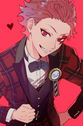 Rule 34 | 1103sns, 1boy, absurdres, ace trappola, facial tattoo, formal, hand on own hip, highres, jacket, looking at viewer, male focus, necktie, red eyes, red hair, short hair, smile, solo, suit, tattoo, twisted wonderland