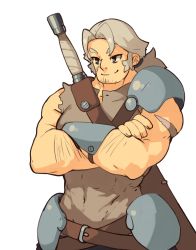 Rule 34 | 1boy, absurdres, armor, closed mouth, covered navel, crossed arms, facial hair, fantasy, grey eyes, grey hair, highres, male focus, muscular, muscular male, original, pauldrons, scabbard, scar, scar on arm, sheath, sheathed, shoulder armor, simple background, single pauldron, smile, solo, stubble, sword, transparent background, vins-mousseux, weapon, weapon on back, white background