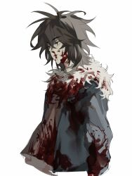 Rule 34 | 1boy, blood, blood on clothes, blood on face, blood on neck, blue jacket, brown hair, chinese commentary, closed mouth, commentary request, fur-trimmed jacket, fur trim, green eyes, hair between eyes, highres, isoi reiji, jacket, long sleeves, male focus, medium hair, open clothes, open jacket, red shirt, saibou shinkyoku, sanpaku, shirt, simple background, solo, upper body, wenquan, white background