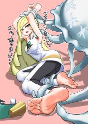 Rule 34 | 1girl, armpits, arms up, barefoot, blonde hair, blush, creatures (company), feet, game freak, gen 7 pokemon, green eyes, heavy breathing, highres, long hair, lusamine (pokemon), nihilego, nintendo, open mouth, pokemon, pokemon (creature), pokemon sm, restrained, soles, sweat, tentacles, tickle torture, tickling, toes, ultra beast, yuzu gin (pika97)