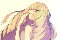 Rule 34 | 1girl, bare arms, blonde hair, blunt bangs, creatures (company), finger to mouth, from side, game freak, hair over one eye, long hair, looking at viewer, looking back, lusamine (pokemon), nintendo, parted lips, pokemon, pokemon sm, red eyes, shirt, simple background, sleeveless, sleeveless shirt, solo, very long hair, white background, yoyterra