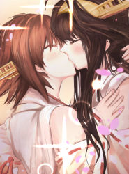Rule 34 | 10s, 2girls, ahoge, antiqq, bare shoulders, blush, brown hair, detached sleeves, closed eyes, from side, hairband, headgear, hiei (kancolle), japanese clothes, kantai collection, kiss, kongou (kancolle), long hair, multiple girls, nontraditional miko, petals, ribbon-trimmed sleeves, ribbon trim, short hair, wide sleeves, yuri