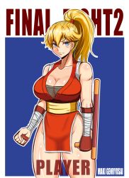 Rule 34 | 1girl, blonde hair, blue eyes, breasts, capcom, cleavage, final fight, final fight 2, fingerless gloves, fishnets, genryuusai maki, gloves, high ponytail, highres, large breasts, pelvic curtain, ponytail, solo, street fighter, tonfa, weapon, xyz (kamikazejap)