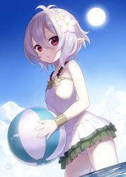 Rule 34 | 1girl, :o, antenna hair, ball, bare shoulders, beachball, blue sky, breasts, capriccio, casual one-piece swimsuit, cloud, commentary request, day, flower, from side, hair between eyes, hair flower, hair ornament, holding, holding ball, kokkoro (princess connect!), kokkoro (summer) (princess connect!), looking at viewer, one-piece swimsuit, outdoors, parted lips, pink flower, pointy ears, princess connect!, red eyes, silver hair, sky, small breasts, solo, standing, sun, swimsuit, wading, water, white flower, white one-piece swimsuit