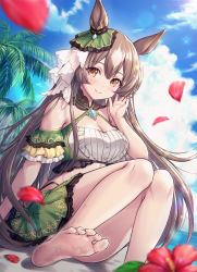 Rule 34 | 1girl, adapted costume, animal ears, beach, blurry, blurry foreground, breasts, brown hair, cleavage, cloud, commentary request, flower, highres, horse ears, horse tail, mirukurim, open mouth, petals, satono diamond (umamusume), sitting, sky, smile, soles, swimsuit, tail, thighs, umamusume, yellow eyes