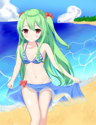 Rule 34 | 1girl, :o, bare arms, bare shoulders, beach, bikini, blue sarong, blue sky, blush, bow, breasts, cloud, commentary request, day, flower, gluteal fold, green hair, groin, hair between eyes, hair flower, hair ornament, highres, horizon, long hair, looking at viewer, navel, ocean, original, outdoors, parted lips, red bow, red eyes, red flower, roido (taniko-t-1218), sand, sarong, see-through, sky, small breasts, solo, standing, striped bikini, striped clothes, swimsuit, two side up, very long hair, water