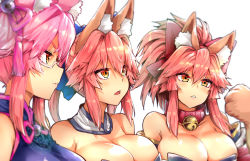 Rule 34 | 3girls, animal ear fluff, animal ears, animal hands, bare shoulders, bell, bikini, blue bikini, blue ribbon, breasts, cat paws, china dress, chinese clothes, cleavage, closed eyes, collar, commentary request, detached sleeves, dress, fate/extra, fate/grand order, fate (series), fox ears, fox girl, glasses, gloves, hair ribbon, japanese clothes, jingle bell, koyanskaya (chinese lostbelt outfit) (fate), koyanskaya (fate), large breasts, long hair, multiple girls, multiple persona, neck bell, open mouth, paw gloves, pink hair, ponytail, red ribbon, ribbon, semi-rimless eyewear, simple background, swimsuit, tamamo (fate), tamamo cat (fate), tamamo cat (first ascension) (fate), tamamo no mae (fate/extra), wanima photo (meme), white background, wisespeak, yellow eyes