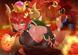 Rule 34 | 1boy, 1girl, b.c.n.y., bare shoulders, battle, black dress, black nails, black thighhighs, boots, bowsette, bracelet, breasts, breath weapon, breathing fire, bridal gauntlets, brown footwear, calligraphy brush (medium), cleavage, collar, collarbone, crown, dark skin, dress, earrings, facial hair, fingernails, fire, gem, giant, giantess, gloves, halterneck, hat, horns, image sample, jewelry, jumping, large breasts, lava, long fingernails, long hair, looking at another, mario, mario (series), mustache, nail polish, new super mario bros. u deluxe, nintendo, open mouth, overalls, pointy ears, ponytail, red eyes, red hair, red hat, sharp teeth, spiked bracelet, spiked collar, spikes, strapless, strapless dress, super crown, tail, teeth, thighhighs, tongue, tongue out, turtle shell, twitter username, white gloves