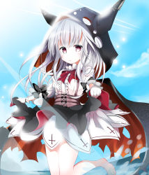 Rule 34 | 1girl, absurdres, azur lane, barefoot, black bow, black cape, black skirt, blue sky, blush, bow, bowtie, cape, center frills, cloud, commentary request, day, erebus (azur lane), frills, gloves, hair between eyes, highres, hood, horns, kuromiko shoujo, long hair, long sleeves, looking at viewer, ocean, outdoors, parted lips, puffy long sleeves, puffy sleeves, red bow, red bowtie, red eyes, shirt, skirt, skirt hold, sky, solo, standing, standing on one leg, torn cape, torn clothes, very long hair, white gloves, white hair, white shirt