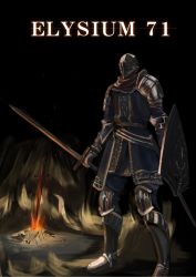 Rule 34 | 1boy, armor, chosen undead, dark souls (series), dark souls i, fire, from software, helmet, highres, knight of astora oscar, male focus, shield, solo, sword, weapon
