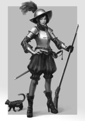 Rule 34 | 1girl, absurdres, animal, armor, boots, breastplate, cat, closed mouth, clothed animal, commentary, conquistador, cross, full body, gauntlets, grey background, greyscale, gun, guweiz, hand on own hip, hat feather, helmet, high heel boots, high heels, highres, holding, holding gun, holding weapon, leg belt, legs apart, looking at viewer, monochrome, musket, original, pantyhose, plate armor, puffy shorts, rapier, short hair, shorts, shoulder armor, simple background, solo, pauldrons, standing, sword, weapon