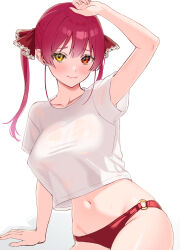 Rule 34 | 1girl, absurdres, arm support, arm up, bikini, blush, breasts, closed mouth, collarbone, helga ( hlg67), heterochromia, highres, hololive, houshou marine, large breasts, long hair, looking at viewer, navel, red bikini, red eyes, red hair, shirt, short sleeves, simple background, smile, solo, swimsuit, twintails, virtual youtuber, white background, white shirt, yellow eyes