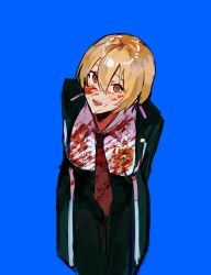 Rule 34 | 1girl, absurdres, badge, black coat, black pants, blonde hair, blood, blood on clothes, blood on face, blue background, coat, collared shirt, cowboy shot, don quixote (project moon), empty eyes, highres, leaning forward, limbus company, looking at viewer, msx (mis4xi), necktie, orange eyes, pants, project moon, red necktie, shirt, short hair, simple background, solo, white shirt