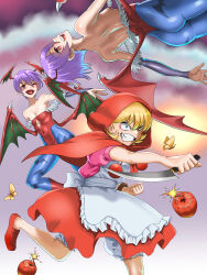 Rule 34 | 2girls, apple, artist request, ass, attack, bare shoulders, battle, blonde hair, bloomers, blue eyes, bomb, boots, breasts, bridal gauntlets, bulleta, capcom, clenched teeth, crazy, crazy eyes, crazy grin, demon girl, dodging, dress, explosive, food, fruit, head wings, highres, knife, leotard, lilith aensland, medium breasts, multiple girls, open mouth, pantyhose, purple hair, red eyes, reverse grip, short hair, small breasts, smile, teeth, underwear, vampire (game), wings