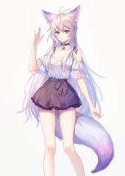 Rule 34 | 1girl, absurdres, animal ears, antenna hair, bare legs, bare shoulders, bra strap, commentary request, feet out of frame, fox ears, fox tail, grey background, hair between eyes, hand up, highres, kirby d a, long hair, looking at viewer, miniskirt, off-shoulder shirt, off shoulder, original, purple eyes, purple skirt, shirt, short sleeves, silver hair, simple background, skirt, smile, solo, standing, tail, thighs, very long hair, white shirt
