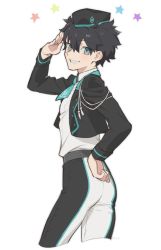 Rule 34 | 1boy, aqua necktie, bad id, bad twitter id, black hair, black jacket, blue eyes, cropped jacket, cropped legs, fate/grand order, fate (series), fujimaru ritsuka (male), hand on own hip, jacket, kusopiza yarou, looking at viewer, male focus, multicolored pants, necktie, official alternate costume, pants, pillbox hat, salute, shirt, simple background, smile, solo, star (symbol), twisted torso, uniform, white background, white shirt