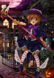 Rule 34 | 1990s (style), 1girl, :d, absurdres, black hat, black skirt, black wings, bow, bowtie, brown hair, candle, cardcaptor sakura, demon wings, fang, full moon, gloves, green eyes, halloween, halloween costume, hat, highres, holding, holding staff, jack-o&#039;-lantern, kinomoto sakura, looking at viewer, moon, mutsuki (moonknives), night, open mouth, outdoors, pantyhose, pumpkin, purple bow, retro artstyle, short hair, shorts, shorts under skirt, skirt, skull, smile, solo, staff, star (symbol), striped clothes, striped pantyhose, wings, witch hat, yellow gloves, yellow shorts