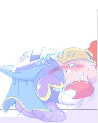 Rule 34 | 1boy, 1other, against wall, armor, blue eyes, blue outline, blush, cape, closed eyes, colored skin, cum, face-to-face, floor, gloves, half-closed eye, helm, helmet, highres, holding another&#039;s foot, holding person, japanese text, jitome, kirby, kirby (series), knight, mask, mask on head, meta knight, mittens, motion lines, nintendo, no humans, one eye closed, open mouth, outline, pauldrons, purple footwear, sex, shoulder armor, simple background, standing, sweat, sweatdrop, sword hero (team kirby clash), team kirby clash deluxe, tiptoes, translated, wai (27741135), wall, white background