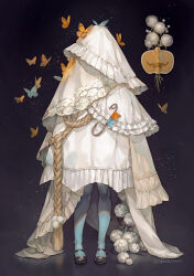 Rule 34 | 1girl, animal, black footwear, blonde hair, blue butterfly, blue pantyhose, braid, bug, butterfly, butterfly on head, cloak, covered face, dress, dust, facing viewer, flower, frills, full body, grey background, hair ornament, highres, insect, lace trim, light particles, long hair, orange butterfly, original, pantyhose, pom pom (clothes), pom pom hair ornament, pumpkin, safety pin, see-through, shoes, solo, stain, standing, very long hair, white cloak, white dress, white flower, white veil, yoshioka (haco)