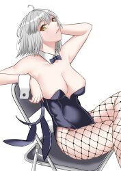 Rule 34 | 1girl, absurdres, ahoge, alternate costume, animal ears, armpits, bare shoulders, black bow, black bowtie, black leotard, bow, bowtie, breasts, chair, cleavage, closed mouth, commentary request, crossed legs, detached collar, fake animal ears, fate/grand order, fate (series), fishnet pantyhose, fishnets, grey hair, highres, jeanne d&#039;arc alter (fate), large breasts, leotard, lips, looking at viewer, pantyhose, pink lips, playboy bunny, rabbit ears, rabbit tail, short hair, simple background, sitting, solo, strapless, strapless leotard, tail, thighs, tomotomow00w, unworn headwear, white background, wrist cuffs, yellow eyes