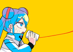 Rule 34 | 1girl, blue eyes, blue hair, chibi, double bun, from side, hair bun, hatsune miku, nee nee nee. (vocaloid), simple background, solo, string phone, terada tera, twintails, vocaloid, yellow background