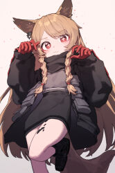 Rule 34 | + +, 1girl, :3, absurdres, animal ear piercing, animal ears, arknights, beudelb, black footwear, black jacket, black skirt, blush, braid, brown hair, ceobe (arknights), commentary request, dog ears, dog girl, dog tail, gloves, grey shirt, highres, jacket, korean commentary, long hair, looking at viewer, material growth, oripathy lesion (arknights), pouch, red eyes, red gloves, shirt, skirt, solo, standing, standing on one leg, tail, twin braids