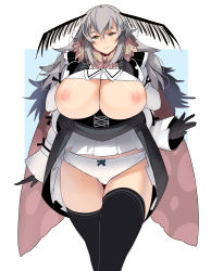 Rule 34 | 1girl, absurdres, antennae, arthropod girl, black gloves, black thighhighs, breasts, breasts out, clothes lift, dress, dress lift, extra arms, gloves, green eyes, grey hair, highres, huge breasts, insect girl, insect wings, kouno (masao), lifted by self, long hair, long sleeves, moth girl, moth wings, nipples, original, panties, solo, thighhighs, underwear, white panties, wings