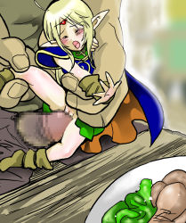 Rule 34 | 1girl, armor, blonde hair, blush, boots, bottomless, cape, censored, deedlit, elf, fantasy, food, giant, huge penis, large insertion, leather, legs, long hair, mini person, minigirl, monster, mosaic censoring, object insertion, penis, pointy ears, pussy, rape, record of lodoss war, sex, solo focus, spread legs, tears, vaginal