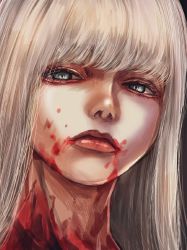 Rule 34 | 1girl, blood, blood from mouth, blood on face, blunt bangs, closed mouth, grey eyes, hoshi san 3, long hair, looking at viewer, original, portrait, solo, white hair