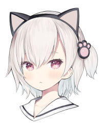 Rule 34 | 1girl, :&lt;, animal ear headphones, animal ears, black hairband, blush, capriccio, cat ear headphones, cat ears, cat hair ornament, closed mouth, collarbone, commentary request, cropped shoulders, fake animal ears, grey hair, hair between eyes, hair ornament, hairband, headphones, kaburi chiko, looking at viewer, medium hair, one side up, original, paw hair ornament, portrait, red eyes, sailor collar, simple background, solo, white background, white hair, white sailor collar