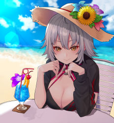 Rule 34 | 1girl, ahoge, bikini, black bikini, black jacket, blue flower, breasts, cherry, cleavage, commentary request, day, drinking straw, fate/grand order, fate (series), flower, food, fruit, hat, hat flower, ice, ice cube, jacket, jeanne d&#039;arc (fate), jeanne d&#039;arc alter (avenger) (fate), jeanne d&#039;arc alter (fate), large breasts, long sleeves, looking at viewer, medium hair, mikan (chipstar182), o-ring, outdoors, silver hair, smile, solo, sun hat, swimsuit, yellow eyes, yellow flower