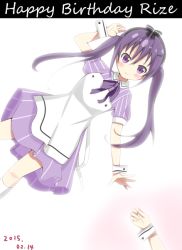 Rule 34 | &gt;:), 1girl, arm up, black hairband, blush, bow, bowtie, breasts, character name, closed mouth, collared dress, commentary request, dated, dress, english text, gochuumon wa usagi desu ka?, hair between eyes, hair ornament, hairband, hairclip, happy birthday, kneehighs, long hair, looking at viewer, nagomi yayado, out of frame, puffy short sleeves, puffy sleeves, purple dress, purple eyes, purple hair, purple neckwear, short sleeves, sidelocks, small breasts, smile, socks, striped clothes, striped dress, tedeza rize, twintails, two-tone background, v-shaped eyebrows, white socks, wing collar, wrist cuffs