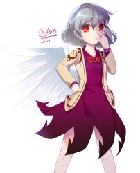 Rule 34 | 1girl, dated, dress, enjoy mix, feathered wings, feet out of frame, grey hair, hair between eyes, jacket, kishin sagume, long sleeves, one-hour drawing challenge, open clothes, open jacket, purple dress, red eyes, short hair, signature, simple background, single wing, solo, touhou, twitter username, white background, white wings, wings, yellow jacket