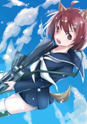 Rule 34 | 10s, 1girl, absurdres, ahoge, animal ear fluff, animal ears, blush, brave witches, brown eyes, brown hair, cloud, cloudy sky, commentary request, day, flying, hair ornament, hairclip, highres, holding, holding weapon, karibuchi hikari, matching hair/eyes, military, open mouth, ribbon, school uniform, serafuku, short hair, sky, solo, sparkle, squirrel ears, squirrel tail, striker unit, tail, umikawatagayasu, uniform, weapon, white ribbon, world witches series