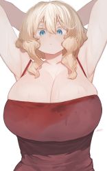 Rule 34 | 1girl, armpits, arms behind head, blonde hair, blue eyes, breasts, cleavage, closed mouth, dress, florida-chan (ryusei hashida), hands up, highres, huge breasts, looking at viewer, original, red dress, ryusei hashida, sidelocks, simple background, solo, wet, white background