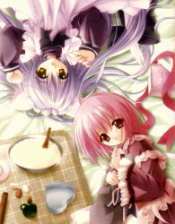 Rule 34 | 2girls, animal ears, bow, cafe little wish, cat ears, cooking, dress, food, hat, lily (cafe little wish), long hair, lying, maid, mina (cafe little wish), multiple girls, pink dress, pink eyes, pink hair, purple hair, ribbon, short hair, tinker bell (pixiv 10956015), yellow eyes