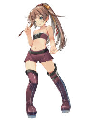Rule 34 | 1girl, absurdres, alternate costume, bandeau, boots, breasts, brown hair, clothes writing, grey eyes, hair ribbon, highres, kantai collection, kazagumo (kancolle), long hair, looking at viewer, midriff, multiple views, pleated skirt, ponytail, purple bandeau, purple footwear, purple shorts, race queen, ribbon, shorts, simple background, skirt, small breasts, thigh boots, white background, yashin (yasinz)