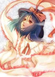 Rule 34 | 1girl, blurry, bow, depth of field, endou (hot handle), female focus, floating hair, fog, frills, hat, hat bow, hat ribbon, looking up, nagae iku, parted lips, purple hair, red eyes, ribbon, shawl, short hair, solo, touhou