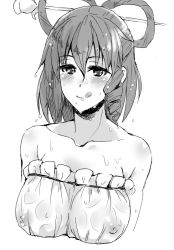 Rule 34 | 1girl, :q, bare shoulders, blush, breasts, closed mouth, collarbone, drill hair, greyscale, hair between eyes, hair ornament, hair rings, hairpin, kaku seiga, looking at viewer, medium breasts, monochrome, nathaniel pennel, nipples, see-through, short hair, side drill, simple background, smile, solo, strapless, sweat, tongue, tongue out, touhou, upper body, wet, wet clothes, white background