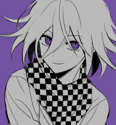 Rule 34 | 1boy, checkered clothes, checkered neckwear, checkered scarf, danganronpa (series), danganronpa v3: killing harmony, doum (dangan666), flipped hair, hair between eyes, highres, jacket, looking at viewer, male focus, oma kokichi, purple background, scarf, simple background, smile, solo, spot color, unmoving pattern, upper body