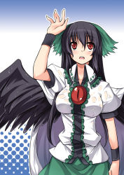 Rule 34 | 1girl, arm up, black hair, bow, breasts, female focus, hair bow, hirase yuu, large breasts, long hair, polka dot, red eyes, reiuji utsuho, solo, touhou, wet, wet clothes, wings, wristband