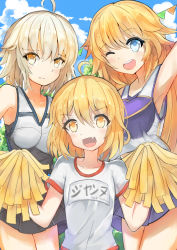 3girls :d :o ahoge blonde_hair blue_eyes cheerleader fang fate/grand_order fate_(series) grey_hair gym_uniform highres jeanne_d&#039;arc_(fate) jeanne_d&#039;arc_(ruler)_(fate) jeanne_d&#039;arc_alter_(avenger)_(fate) jeanne_d&#039;arc_alter_(fate) jeanne_d&#039;arc_alter_santa_lily_(fate) long_hair looking_at_viewer multiple_girls name_tag one_eye_closed open_mouth pom_pom_(cheerleading) short_hair skirt smile translated xly_97 yellow_eyes