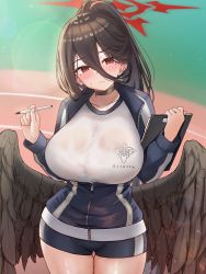Rule 34 | 1girl, absurdres, black choker, black hair, black wings, blue archive, blush, breasts, choker, closed mouth, gym uniform, hair between eyes, halo, hasumi (blue archive), hasumi (track) (blue archive), highres, holding, holding pen, huge breasts, jacket, kano (wi3028), long hair, looking at viewer, mole, mole under eye, official alternate costume, pen, ponytail, red eyes, shirt, shorts, solo, thighs, track jacket, white shirt, wings