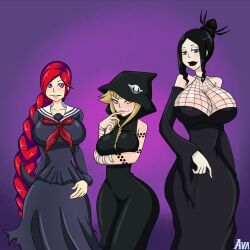 Rule 34 | 3girls, arachne (soul eater), bare shoulders, black dress, black hair, black lips, blonde hair, bodysuit, breasts, curvy, dress, family, goth fashion, highres, huge breasts, large breasts, looking at viewer, medium breasts, medusa gorgon, multicolored eyes, multicolored hair, multiple girls, purple eyes, sailor collar, sailor dress, shaula gorgon, siblings, sisters, soul eater, tattoo, yellow eyes