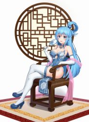 Rule 34 | 1girl, absurdres, alternate costume, anarchojs, aqua (konosuba), blue dress, blue eyes, blue hair, breasts, chair, china dress, chinese clothes, cleavage, commentary request, crossed legs, dress, elbow gloves, full body, gloves, hair ornament, hair rings, hand fan, high heels, highres, holding, holding fan, kono subarashii sekai ni shukufuku wo!, long hair, looking at viewer, medium breasts, on chair, simple background, sitting, smile, solo, thighhighs, thighs, white background, white thighhighs