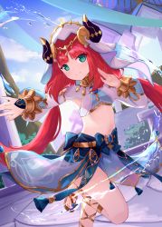 Rule 34 | 1girl, absurdres, aqua eyes, blue bow, blue gemstone, blue skirt, bow, breasts, brooch, circlet, closed mouth, crop top, dancer, dancing, dutch angle, foot out of frame, gem, genshin impact, gladiator sandals, gold trim, harem outfit, highres, horns, jewelry, leg up, long sleeves, navel, neck ring, nilou (genshin impact), outstretched arm, parted bangs, poumi, puffy long sleeves, puffy sleeves, sandals, sidelocks, skirt, small breasts, smile, solo, standing, standing on one leg, stomach, thighs, toes, veil, water, white headwear